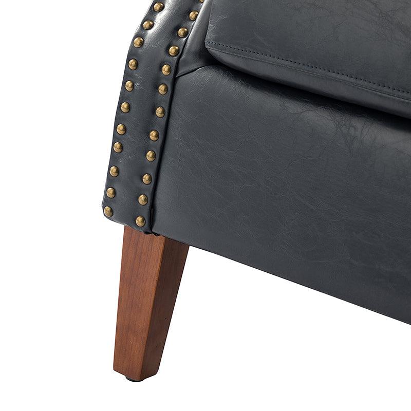 Fauteuil en cuir PU de couleur camel avec garniture cloutée, accoudoirs arrondis, rembourrage en mousse et pieds en bois de noyer massif | Marron / Camel / Taupe / Marine / Noir | Siège unique