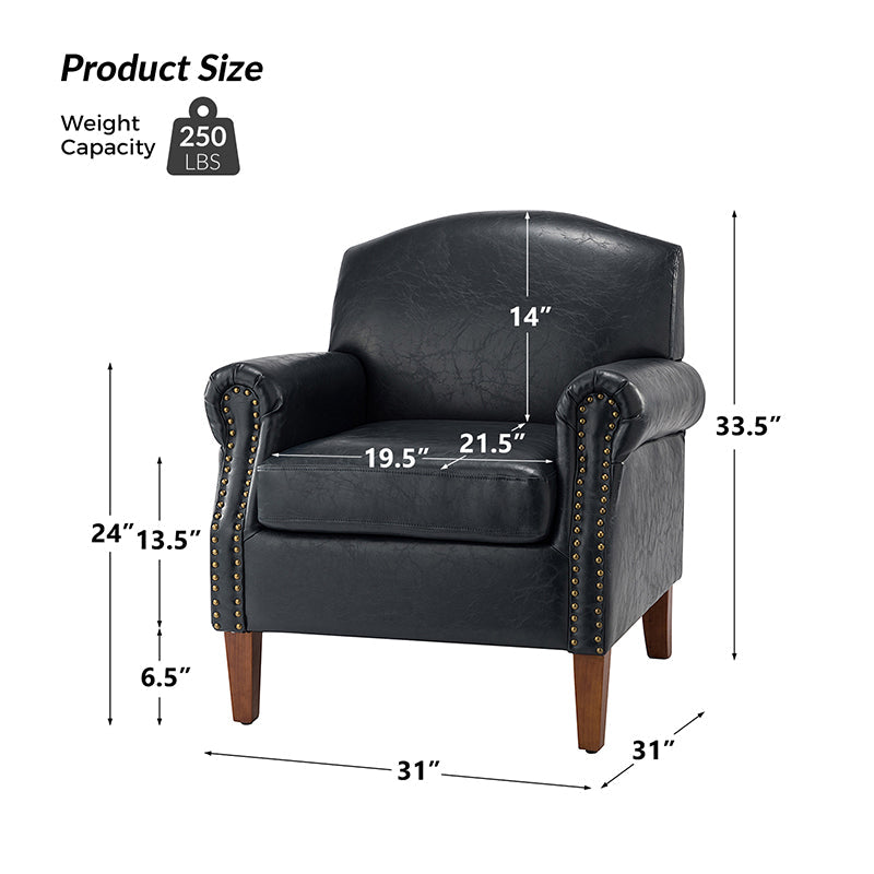 Fauteuil en cuir PU de couleur camel avec garniture cloutée, accoudoirs arrondis, rembourrage en mousse et pieds en bois de noyer massif | Marron / Camel / Taupe / Marine / Noir | Siège unique