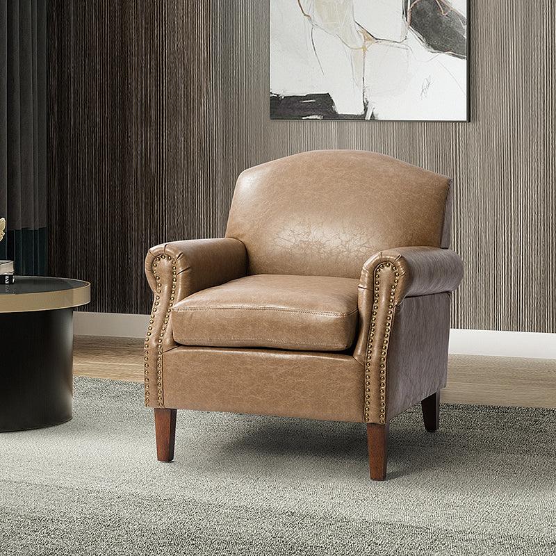 Fauteuil en cuir PU de couleur camel avec garniture cloutée, accoudoirs arrondis, rembourrage en mousse et pieds en bois de noyer massif | Marron / Camel / Taupe / Marine / Noir | Siège unique