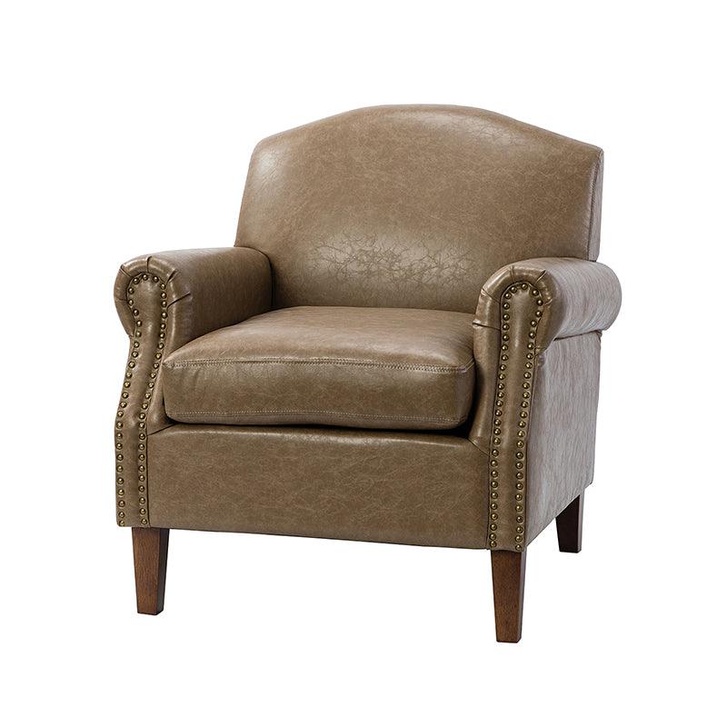 Fauteuil en cuir PU de couleur camel avec garniture cloutée, accoudoirs arrondis, rembourrage en mousse et pieds en bois de noyer massif | Marron / Camel / Taupe / Marine / Noir | Siège unique