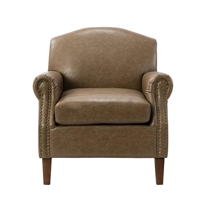 Fauteuil en cuir PU de couleur camel avec garniture cloutée, accoudoirs arrondis, rembourrage en mousse et pieds en bois de noyer massif | Marron / Camel / Taupe / Marine / Noir | Siège unique