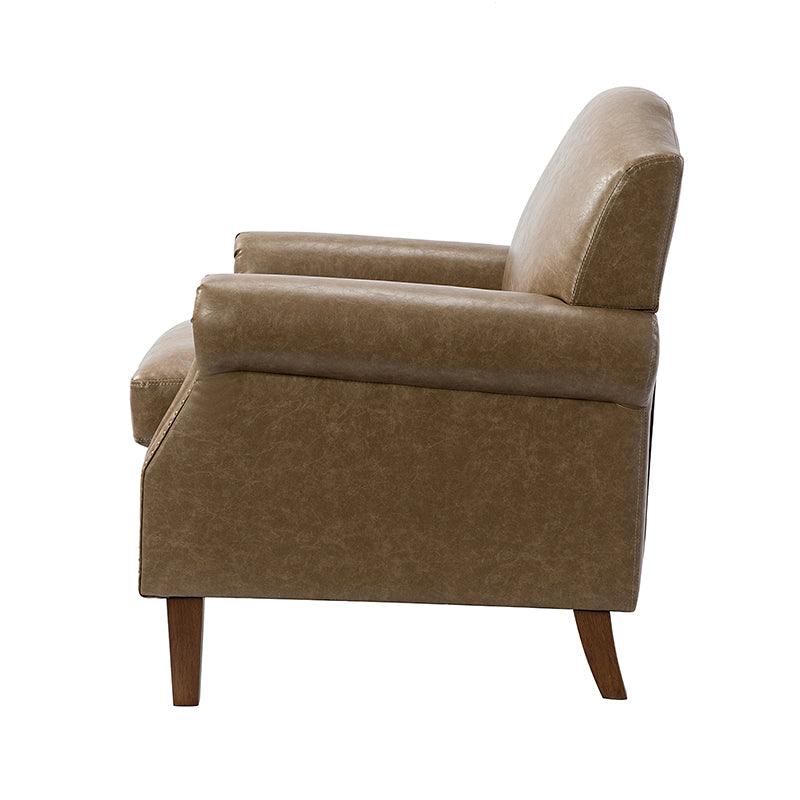 Fauteuil en cuir PU de couleur camel avec garniture cloutée, accoudoirs arrondis, rembourrage en mousse et pieds en bois de noyer massif | Marron / Camel / Taupe / Marine / Noir | Siège unique
