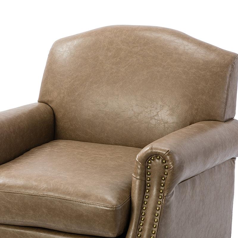 Fauteuil en cuir PU de couleur camel avec garniture cloutée, accoudoirs arrondis, rembourrage en mousse et pieds en bois de noyer massif | Marron / Camel / Taupe / Marine / Noir | Siège unique