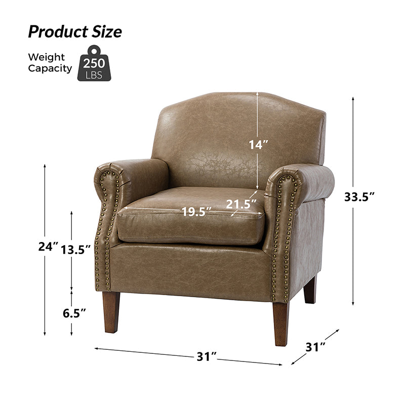 Fauteuil en cuir PU de couleur camel avec garniture cloutée, accoudoirs arrondis, rembourrage en mousse et pieds en bois de noyer massif | Marron / Camel / Taupe / Marine / Noir | Siège unique