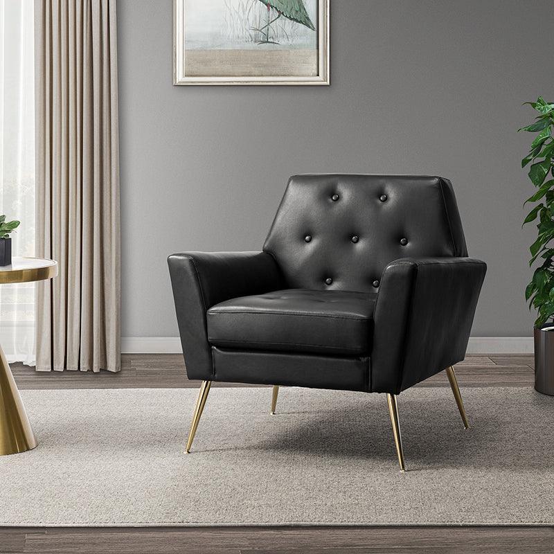 Fauteuil d'appoint capitonné en similicuir avec pieds en métal doré et coussins amovibles | Camel / Marine / Noir / Turquoise / Sauge / Gris | Siège unique