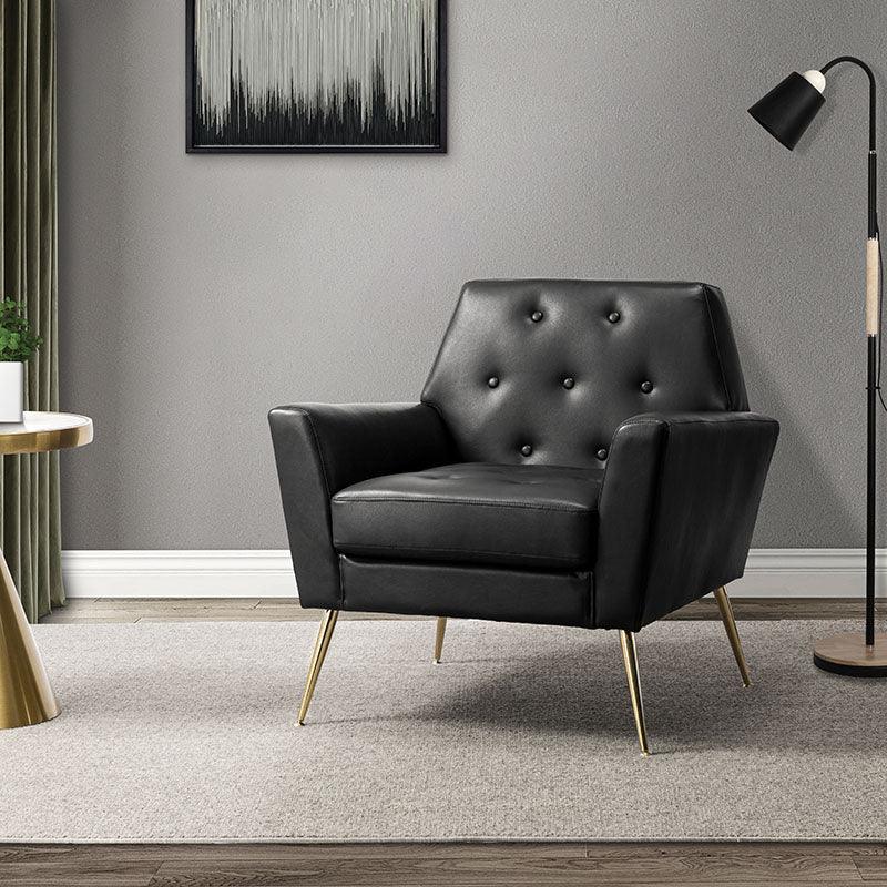 Fauteuil d'appoint capitonné en similicuir avec pieds en métal doré et coussins amovibles | Camel / Marine / Noir / Turquoise / Sauge / Gris | Siège unique