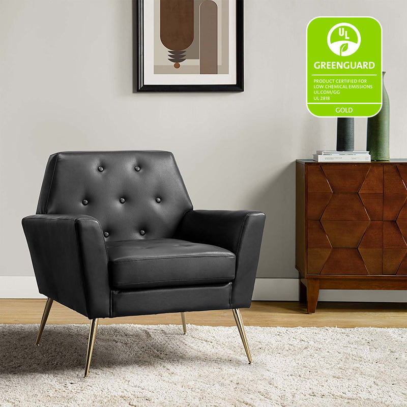 Fauteuil d'appoint capitonné en similicuir avec pieds en métal doré et coussins amovibles | Camel / Marine / Noir / Turquoise / Sauge / Gris | Siège unique