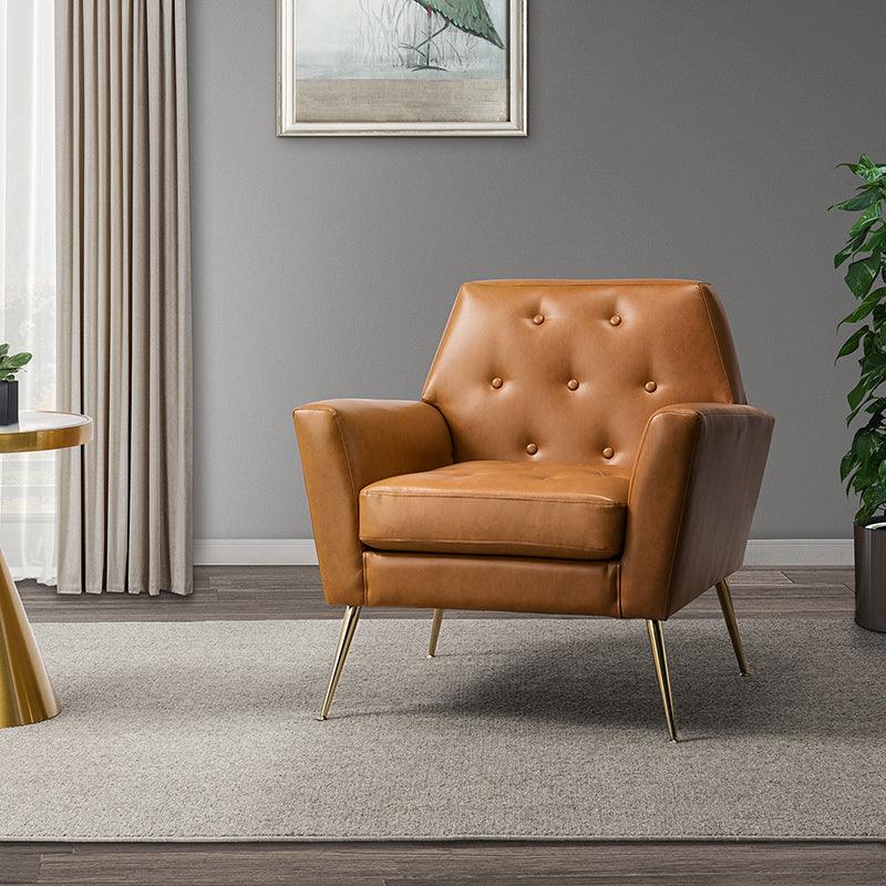 Fauteuil d'appoint capitonné en similicuir avec pieds en métal doré et coussins amovibles | Camel / Marine / Noir / Turquoise / Sauge / Gris | Siège unique