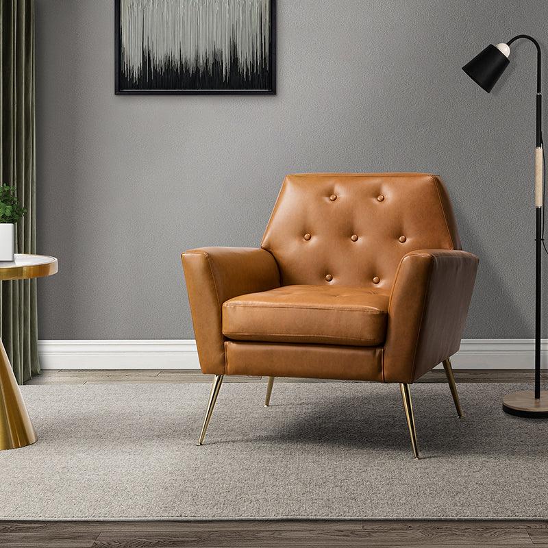 Fauteuil d'appoint capitonné en similicuir avec pieds en métal doré et coussins amovibles | Camel / Marine / Noir / Turquoise / Sauge / Gris | Siège unique