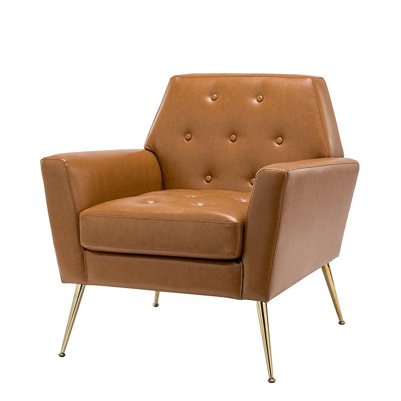 Fauteuil d'appoint capitonné en similicuir avec pieds en métal doré et coussins amovibles | Camel / Marine / Noir / Turquoise / Sauge / Gris | Siège unique