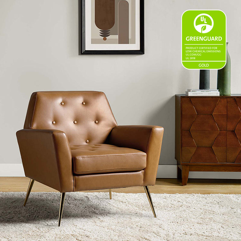 Fauteuil d'appoint capitonné en similicuir avec pieds en métal doré et coussins amovibles | Camel / Marine / Noir / Turquoise / Sauge / Gris | Siège unique