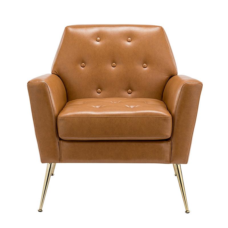 Fauteuil d'appoint capitonné en similicuir avec pieds en métal doré et coussins amovibles | Camel / Marine / Noir / Turquoise / Sauge / Gris | Siège unique