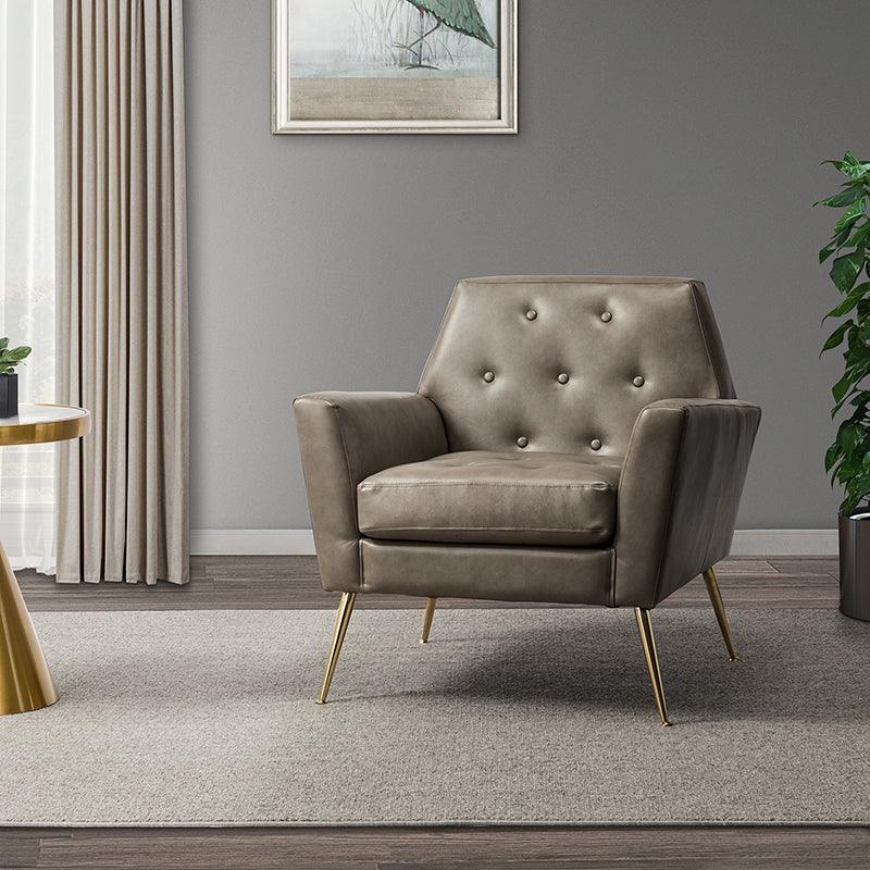 Fauteuil d'appoint capitonné en similicuir avec pieds en métal doré et coussins amovibles | Camel / Marine / Noir / Turquoise / Sauge / Gris | Siège unique