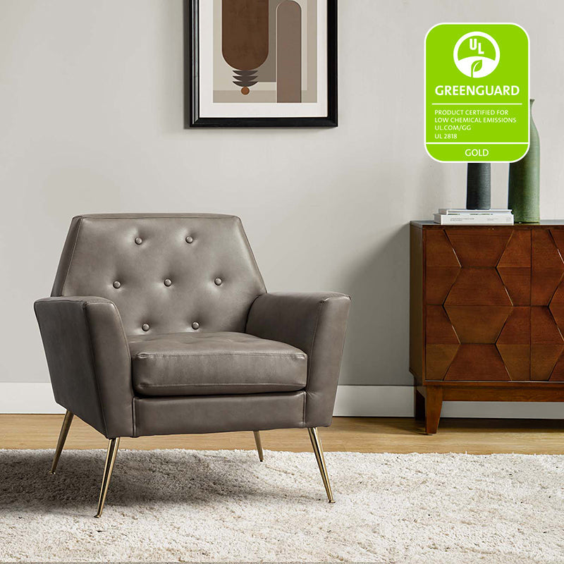 Fauteuil d'appoint capitonné en similicuir avec pieds en métal doré et coussins amovibles | Camel / Marine / Noir / Turquoise / Sauge / Gris | Siège unique