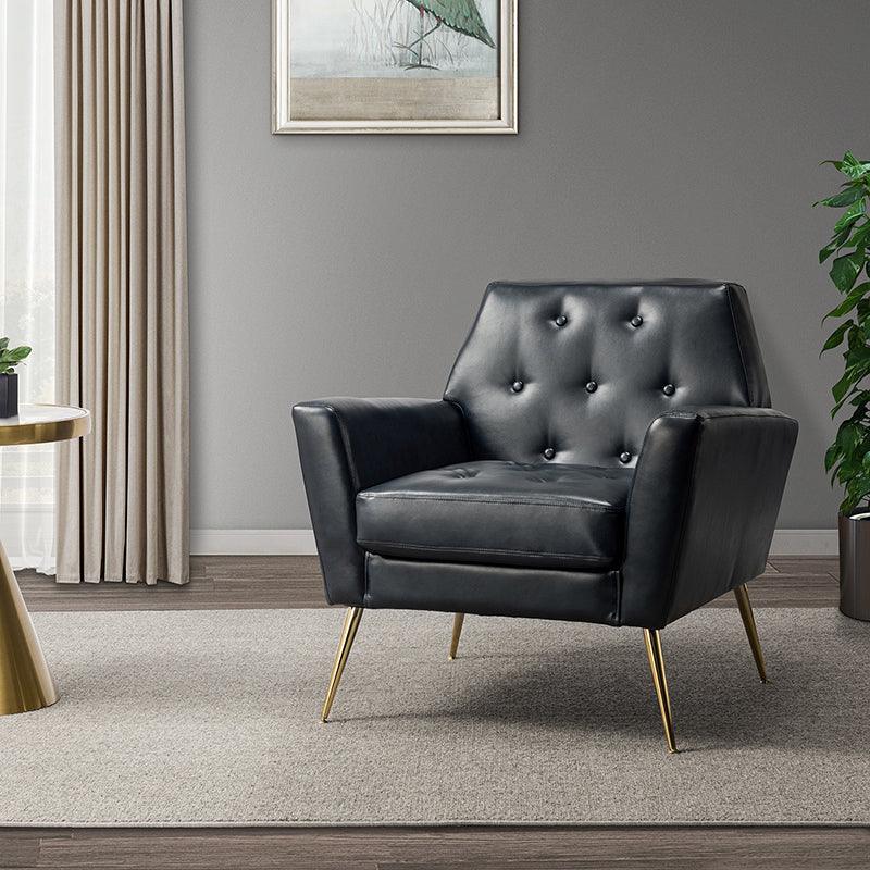 Fauteuil d'appoint capitonné en similicuir avec pieds en métal doré et coussins amovibles | Camel / Marine / Noir / Turquoise / Sauge / Gris | Siège unique