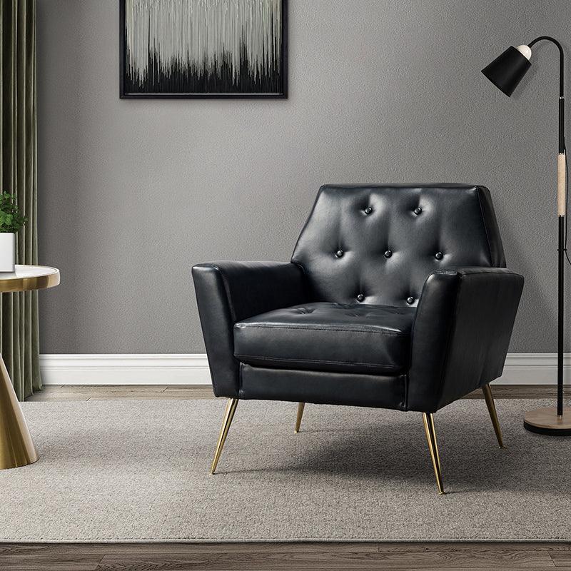 Fauteuil d'appoint capitonné en similicuir avec pieds en métal doré et coussins amovibles | Camel / Marine / Noir / Turquoise / Sauge / Gris | Siège unique