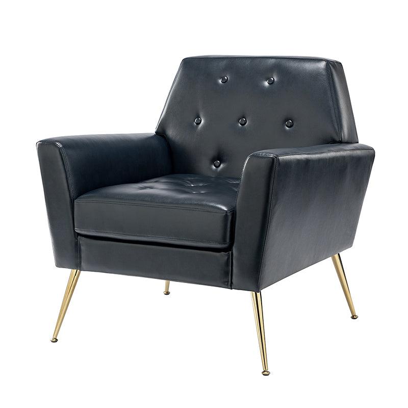Fauteuil d'appoint capitonné en similicuir avec pieds en métal doré et coussins amovibles | Camel / Marine / Noir / Turquoise / Sauge / Gris | Siège unique