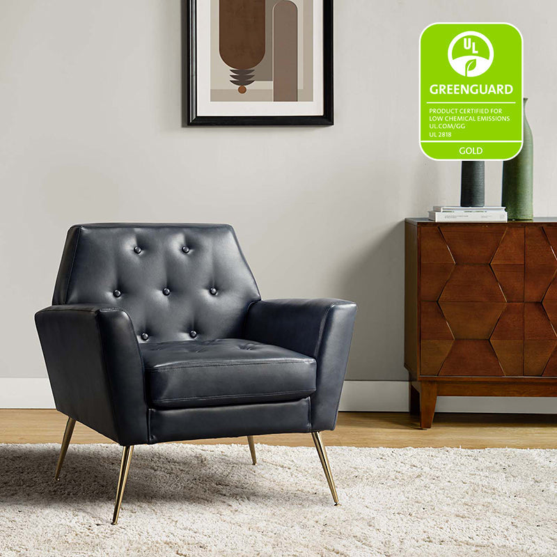 Fauteuil d'appoint capitonné en similicuir avec pieds en métal doré et coussins amovibles | Camel / Marine / Noir / Turquoise / Sauge / Gris | Siège unique
