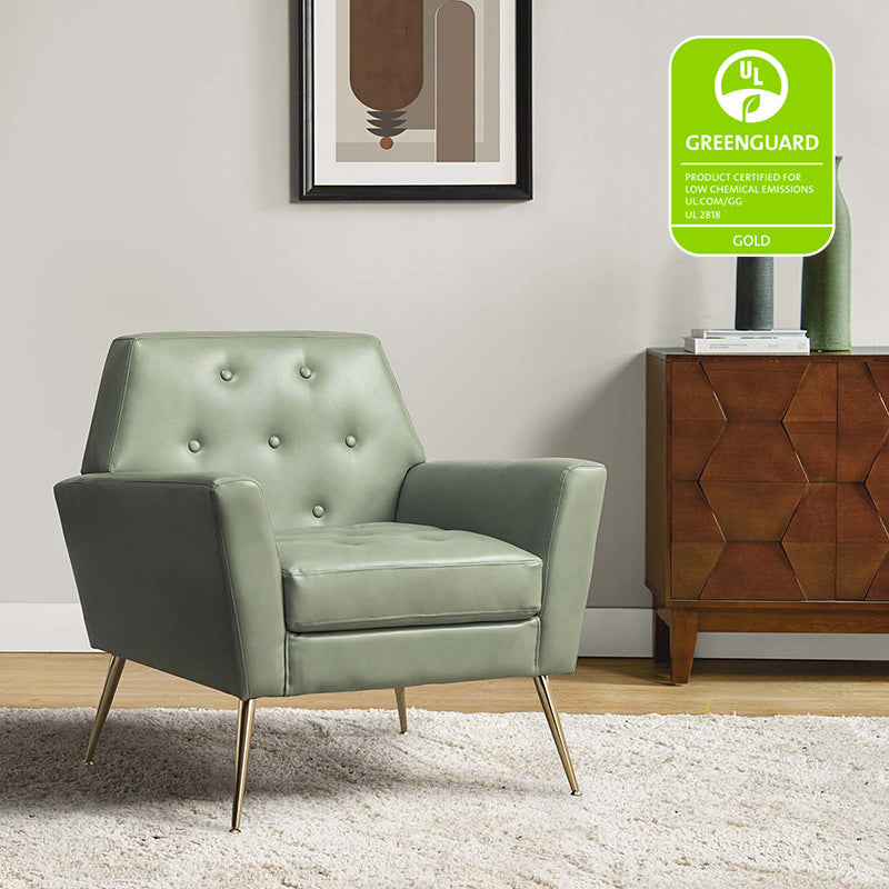 Fauteuil d'appoint capitonné en similicuir avec pieds en métal doré et coussins amovibles | Camel / Marine / Noir / Turquoise / Sauge / Gris | Siège unique