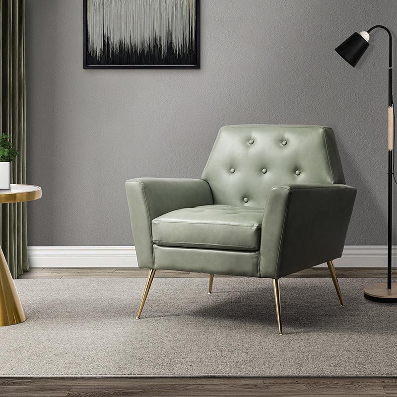 Fauteuil d'appoint capitonné en similicuir avec pieds en métal doré et coussins amovibles | Camel / Marine / Noir / Turquoise / Sauge / Gris | Siège unique