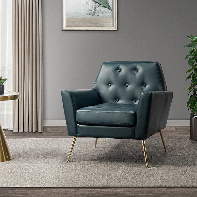 Fauteuil d'appoint capitonné en similicuir avec pieds en métal doré et coussins amovibles | Camel / Marine / Noir / Turquoise / Sauge / Gris | Siège unique