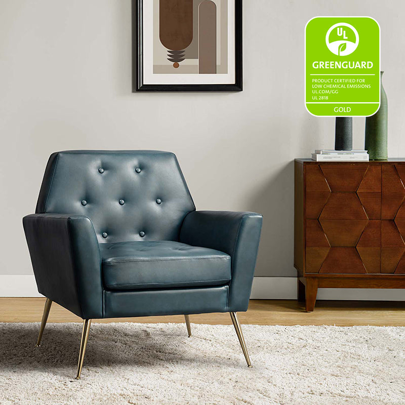 Fauteuil d'appoint capitonné en similicuir avec pieds en métal doré et coussins amovibles | Camel / Marine / Noir / Turquoise / Sauge / Gris | Siège unique