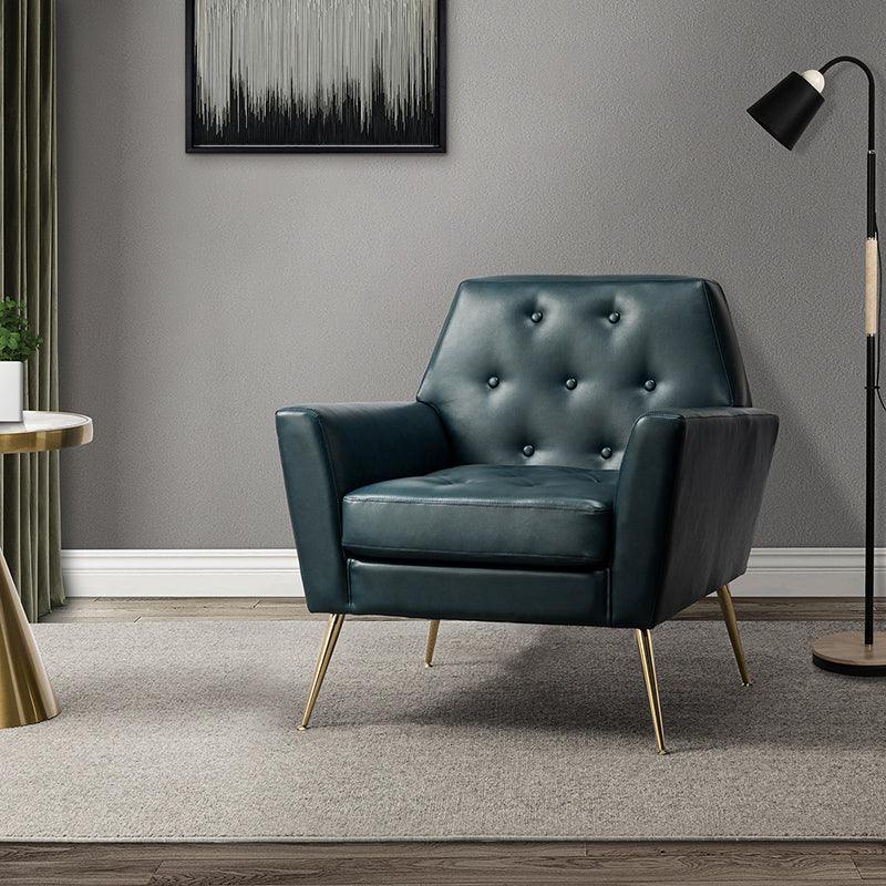 Fauteuil d'appoint capitonné en similicuir avec pieds en métal doré et coussins amovibles | Camel / Marine / Noir / Turquoise / Sauge / Gris | Siège unique