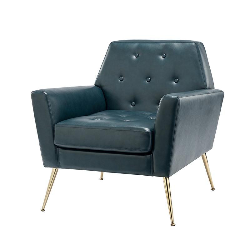 Fauteuil d'appoint capitonné en similicuir avec pieds en métal doré et coussins amovibles | Camel / Marine / Noir / Turquoise / Sauge / Gris | Siège unique