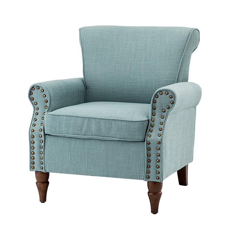 Fauteuil rembourré en polyester avec coussin de siège amovible, rembourrage en mousse et pieds en bois de noyer massif sculpté | Bleu / Avoine / Marine / Ivoire / Gris / Sauge / Sarcelle / Anthracite | Monoplace
