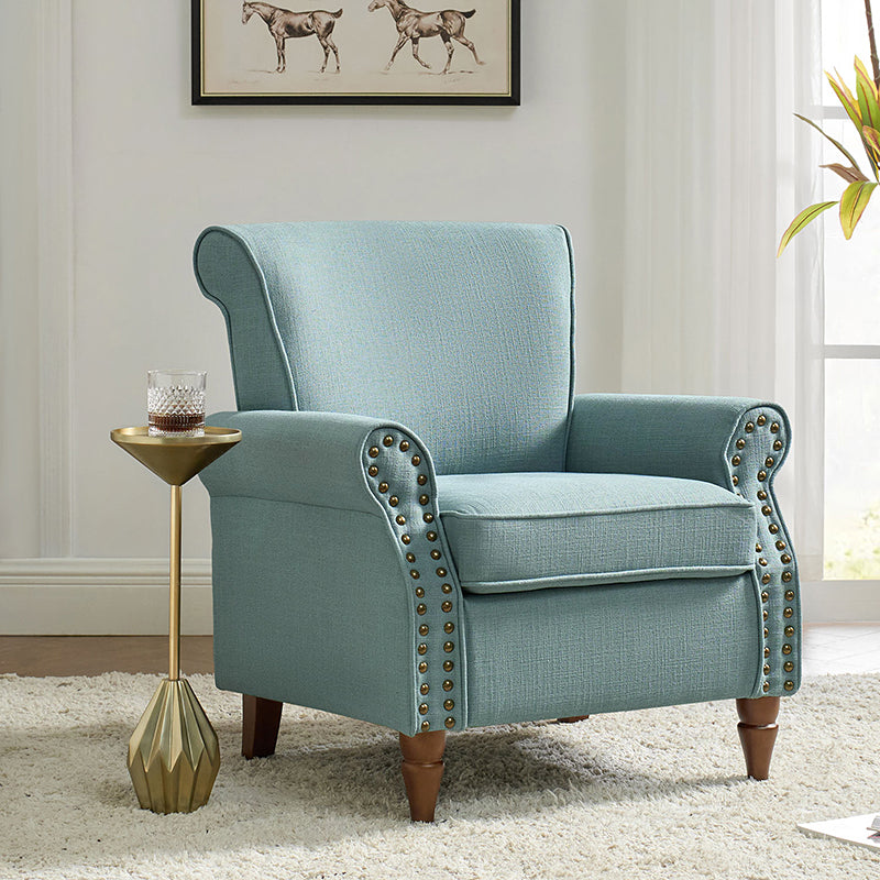 Fauteuil rembourré en polyester avec coussin de siège amovible, rembourrage en mousse et pieds en bois de noyer massif sculpté | Bleu / Avoine / Marine / Ivoire / Gris / Sauge / Sarcelle / Anthracite | Monoplace