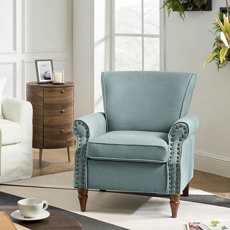 Fauteuil rembourré en polyester avec coussin de siège amovible, rembourrage en mousse et pieds en bois de noyer massif sculpté | Bleu / Avoine / Marine / Ivoire / Gris / Sauge / Sarcelle / Anthracite | Monoplace