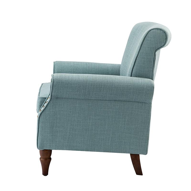 Fauteuil rembourré en polyester avec coussin de siège amovible, rembourrage en mousse et pieds en bois de noyer massif sculpté | Bleu / Avoine / Marine / Ivoire / Gris / Sauge / Sarcelle / Anthracite | Monoplace