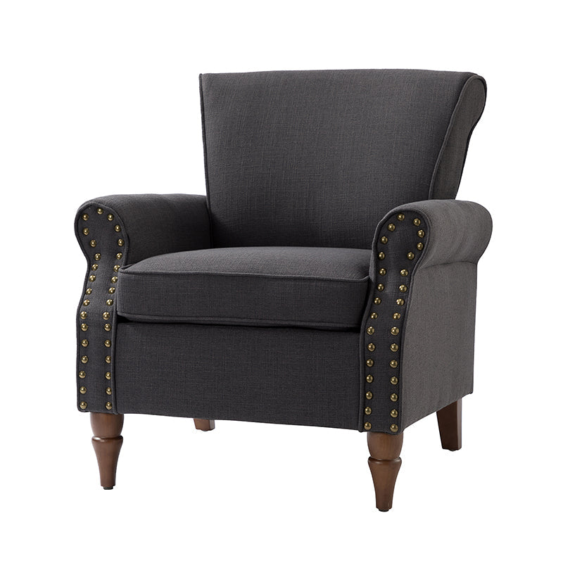 Fauteuil rembourré en polyester avec coussin de siège amovible, rembourrage en mousse et pieds en bois de noyer massif sculpté | Bleu / Avoine / Marine / Ivoire / Gris / Sauge / Sarcelle / Anthracite | Monoplace