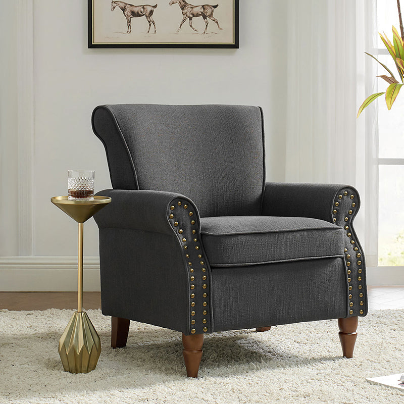 Fauteuil rembourré en polyester avec coussin de siège amovible, rembourrage en mousse et pieds en bois de noyer massif sculpté | Bleu / Avoine / Marine / Ivoire / Gris / Sauge / Sarcelle / Anthracite | Monoplace
