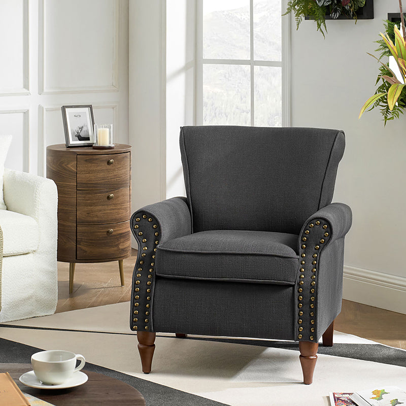 Fauteuil rembourré en polyester avec coussin de siège amovible, rembourrage en mousse et pieds en bois de noyer massif sculpté | Bleu / Avoine / Marine / Ivoire / Gris / Sauge / Sarcelle / Anthracite | Monoplace