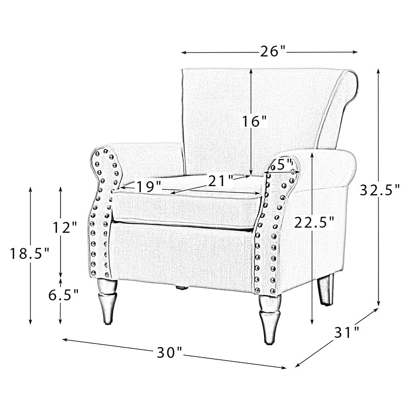 Fauteuil rembourré en polyester avec coussin de siège amovible, rembourrage en mousse et pieds en bois de noyer massif sculpté | Bleu / Avoine / Marine / Ivoire / Gris / Sauge / Sarcelle / Anthracite | Monoplace