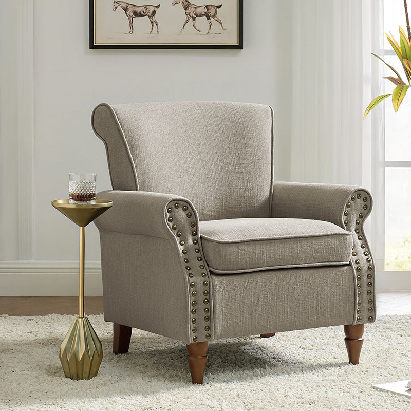 Fauteuil rembourré en polyester avec coussin de siège amovible, rembourrage en mousse et pieds en bois de noyer massif sculpté | Bleu / Avoine / Marine / Ivoire / Gris / Sauge / Sarcelle / Anthracite | Monoplace
