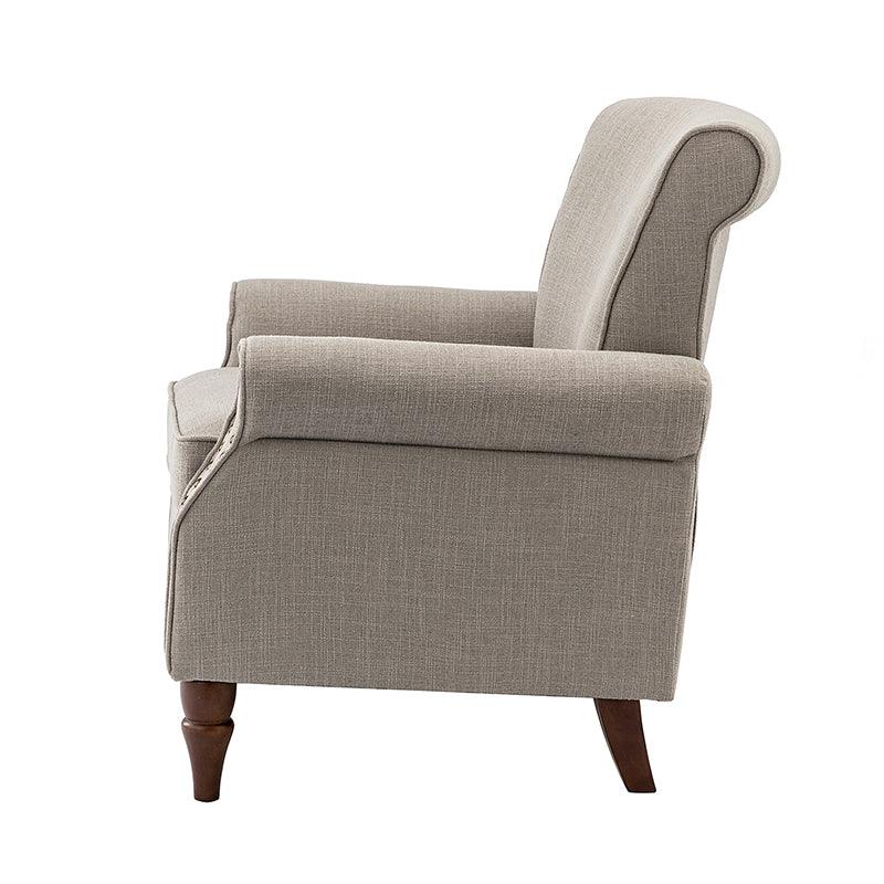 Fauteuil rembourré en polyester avec coussin de siège amovible, rembourrage en mousse et pieds en bois de noyer massif sculpté | Bleu / Avoine / Marine / Ivoire / Gris / Sauge / Sarcelle / Anthracite | Monoplace