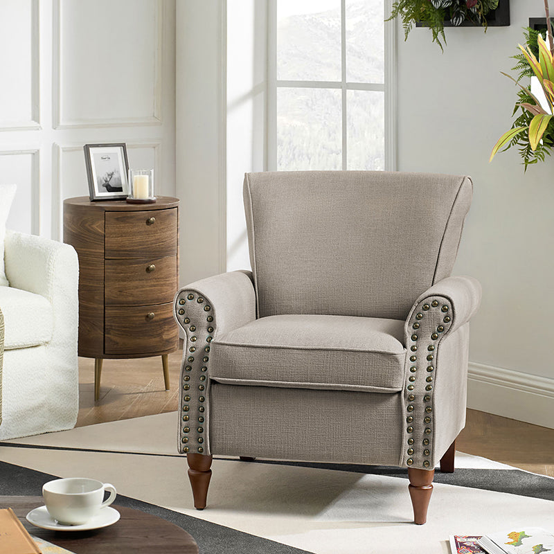 Fauteuil rembourré en polyester avec coussin de siège amovible, rembourrage en mousse et pieds en bois de noyer massif sculpté | Bleu / Avoine / Marine / Ivoire / Gris / Sauge / Sarcelle / Anthracite | Monoplace