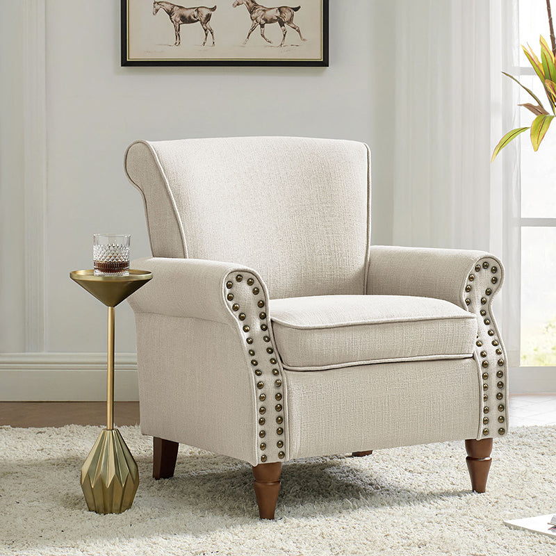 Fauteuil rembourré en polyester avec coussin de siège amovible, rembourrage en mousse et pieds en bois de noyer massif sculpté | Bleu / Avoine / Marine / Ivoire / Gris / Sauge / Sarcelle / Anthracite | Monoplace