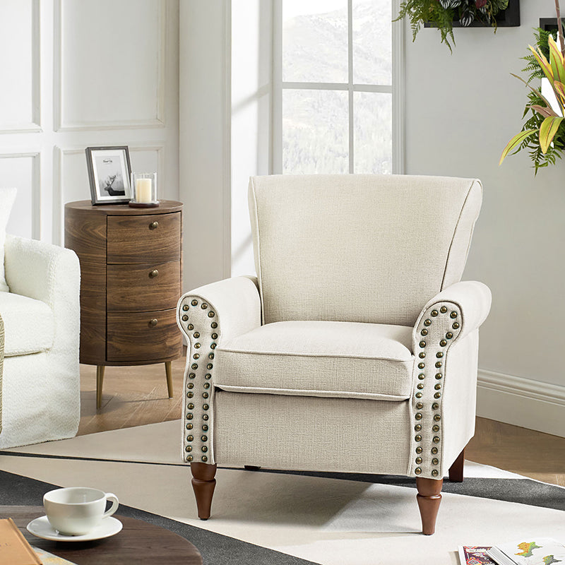 Fauteuil rembourré en polyester avec coussin de siège amovible, rembourrage en mousse et pieds en bois de noyer massif sculpté | Bleu / Avoine / Marine / Ivoire / Gris / Sauge / Sarcelle / Anthracite | Monoplace