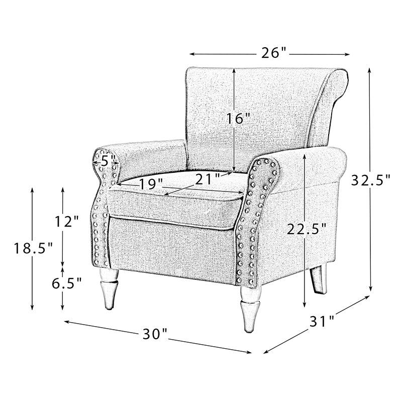 Fauteuil rembourré en polyester avec coussin de siège amovible, rembourrage en mousse et pieds en bois de noyer massif sculpté | Bleu / Avoine / Marine / Ivoire / Gris / Sauge / Sarcelle / Anthracite | Monoplace