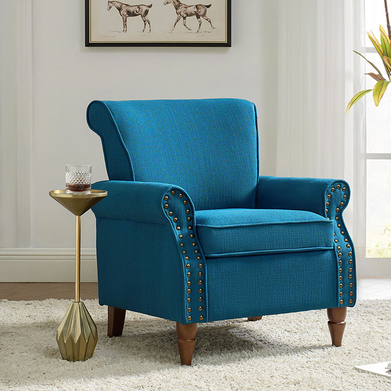 Fauteuil rembourré en polyester avec coussin de siège amovible, rembourrage en mousse et pieds en bois de noyer massif sculpté | Bleu / Avoine / Marine / Ivoire / Gris / Sauge / Sarcelle / Anthracite | Monoplace