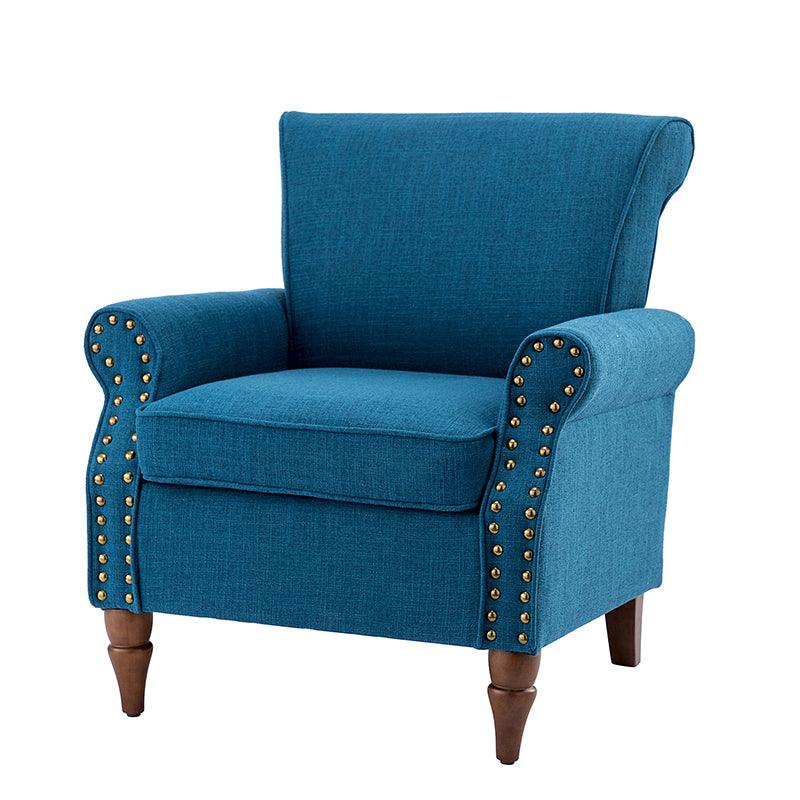 Fauteuil rembourré en polyester avec coussin de siège amovible, rembourrage en mousse et pieds en bois de noyer massif sculpté | Bleu / Avoine / Marine / Ivoire / Gris / Sauge / Sarcelle / Anthracite | Monoplace