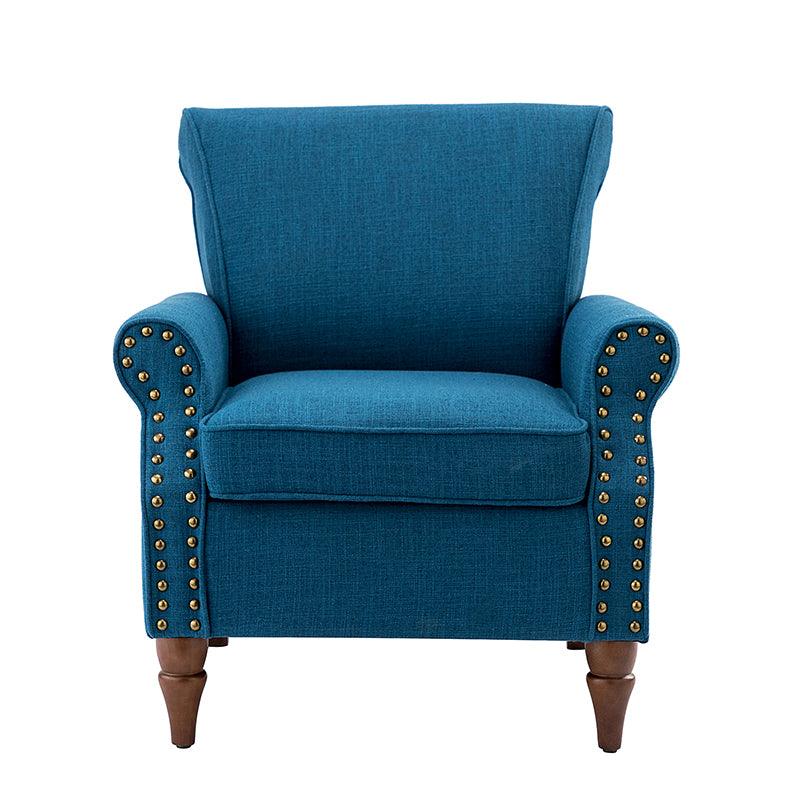 Fauteuil rembourré en polyester avec coussin de siège amovible, rembourrage en mousse et pieds en bois de noyer massif sculpté | Bleu / Avoine / Marine / Ivoire / Gris / Sauge / Sarcelle / Anthracite | Monoplace