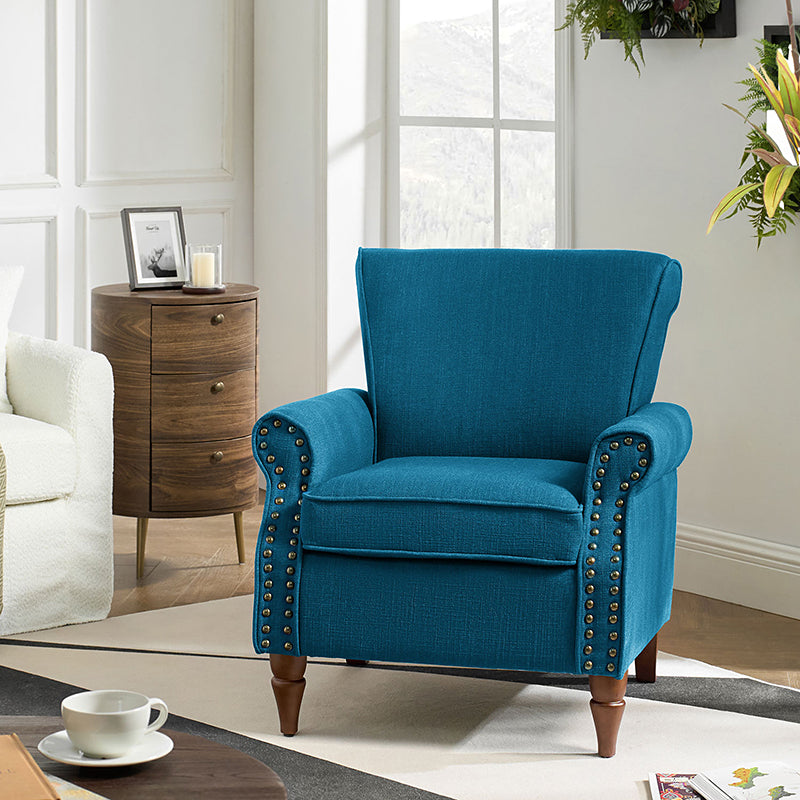 Fauteuil rembourré en polyester avec coussin de siège amovible, rembourrage en mousse et pieds en bois de noyer massif sculpté | Bleu / Avoine / Marine / Ivoire / Gris / Sauge / Sarcelle / Anthracite | Monoplace
