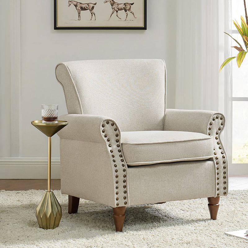 Fauteuil rembourré en polyester avec coussin de siège amovible, rembourrage en mousse et pieds en bois de noyer massif sculpté | Bleu / Avoine / Marine / Ivoire / Gris / Sauge / Sarcelle / Anthracite | Monoplace
