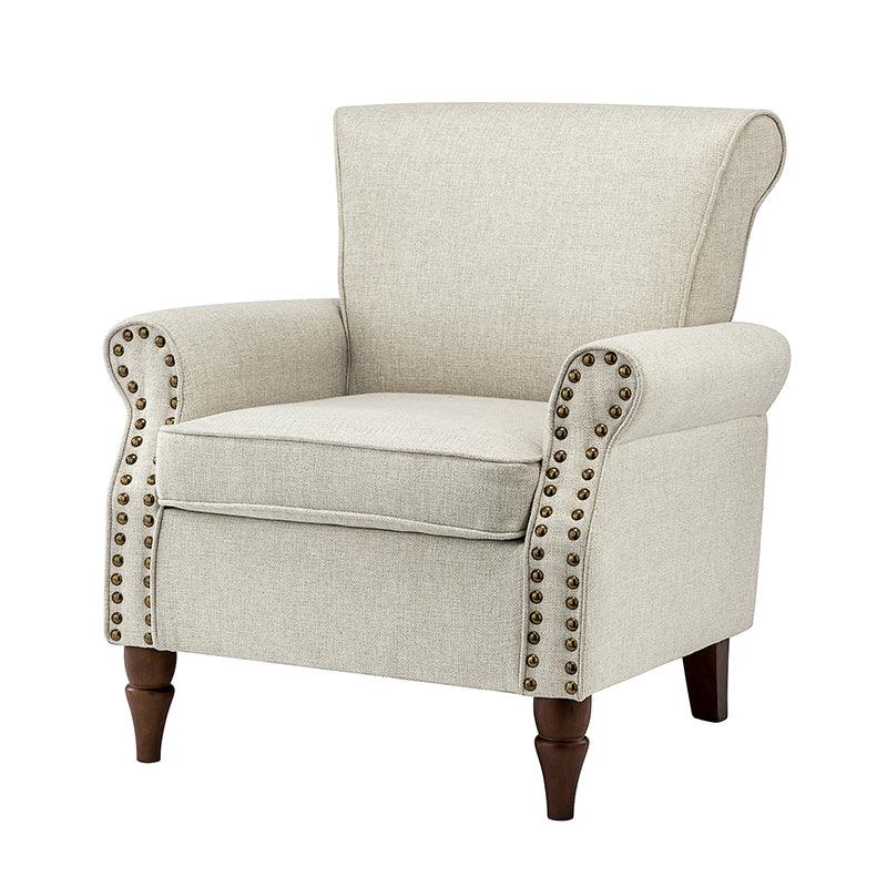 Fauteuil rembourré en polyester avec coussin de siège amovible, rembourrage en mousse et pieds en bois de noyer massif sculpté | Bleu / Avoine / Marine / Ivoire / Gris / Sauge / Sarcelle / Anthracite | Monoplace