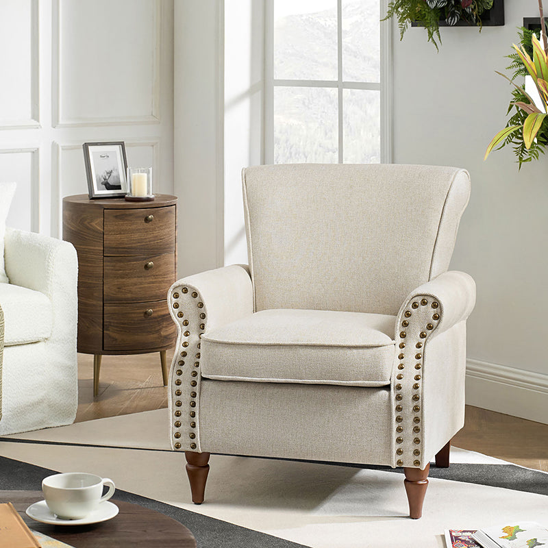 Fauteuil rembourré en polyester avec coussin de siège amovible, rembourrage en mousse et pieds en bois de noyer massif sculpté | Bleu / Avoine / Marine / Ivoire / Gris / Sauge / Sarcelle / Anthracite | Monoplace