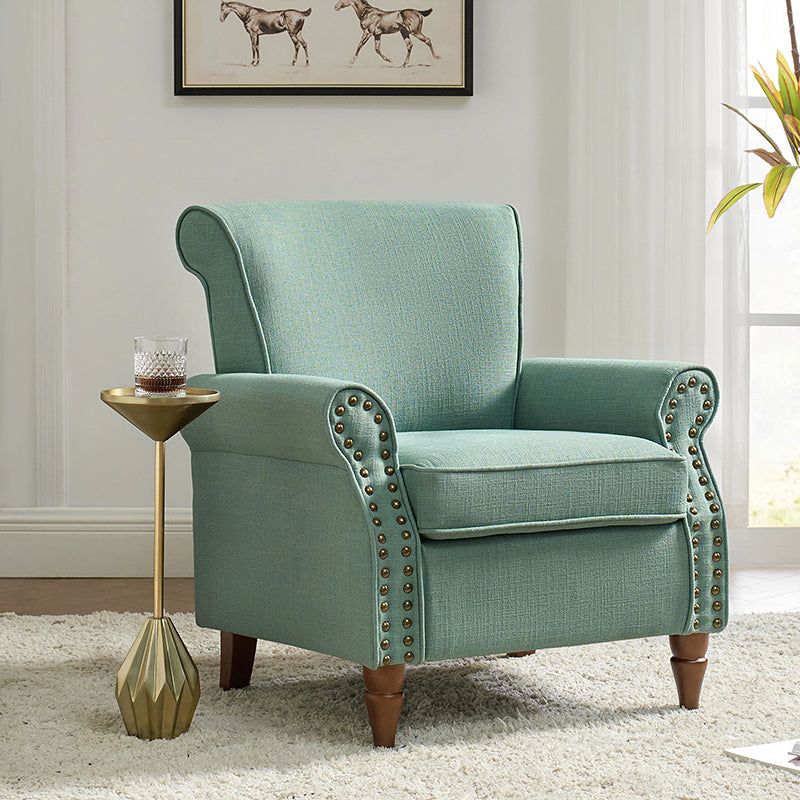 Fauteuil rembourré en polyester avec coussin de siège amovible, rembourrage en mousse et pieds en bois de noyer massif sculpté | Bleu / Avoine / Marine / Ivoire / Gris / Sauge / Sarcelle / Anthracite | Monoplace